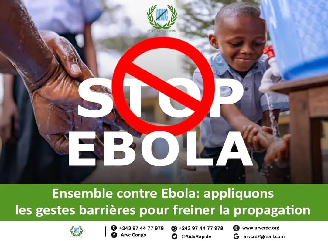Affiche de sensibilisation contre Ebola en RDC montrant le lavage des mains et les gestes barrières pour prévenir la propagation