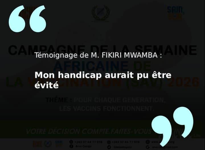 Visuel graphique du témoignage de M. Fikiri Mwamba pour la SAV 2026 avec le titre accrocheur "Mon handicap aurait pu être évité" sur fond sombre.
